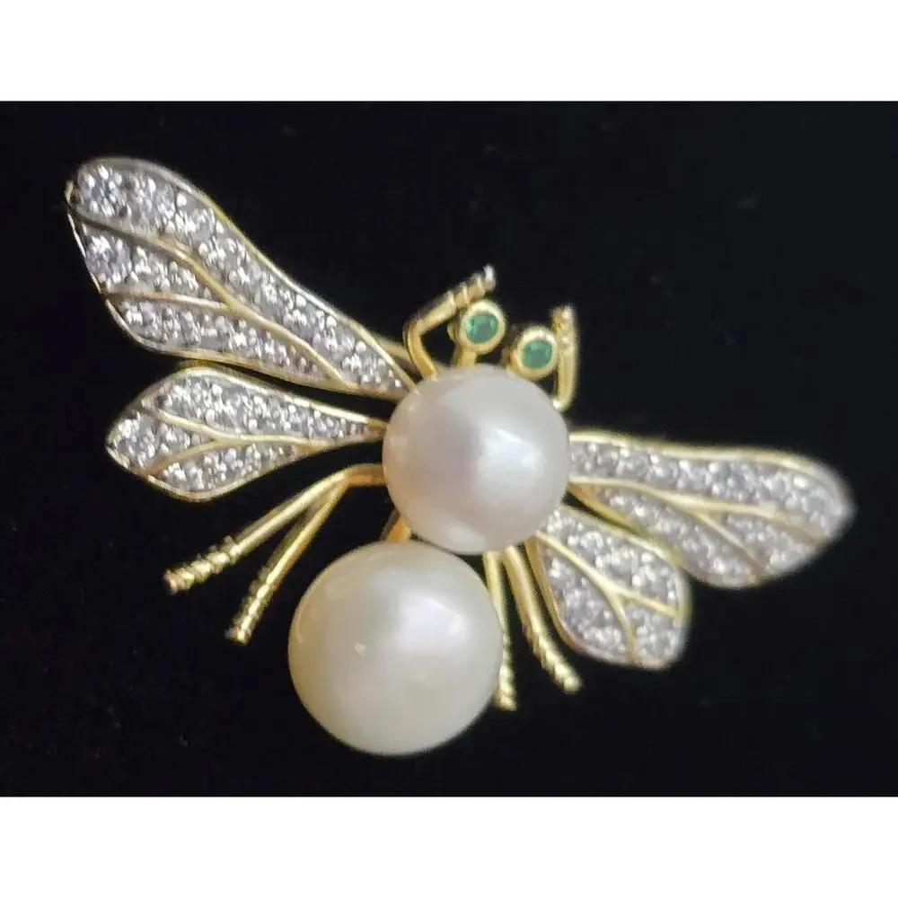 Sterling 925 Gold Plated 18k Bee Brooch Pin Cultured Pearls CZs